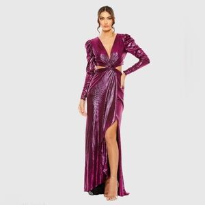 Purple Princess Sleeve Cut Out Metallic Gown - IEENA FOR MAC DUGGAL